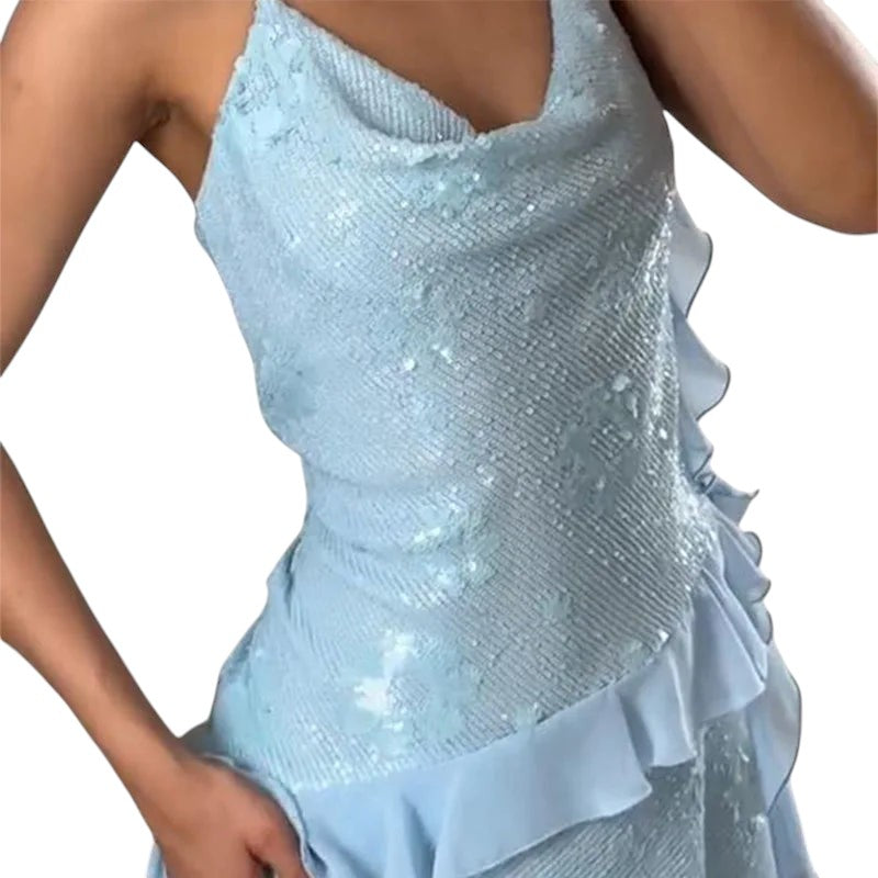 Sequin Ruffle Mini Dress With Cowl Neckline Blue