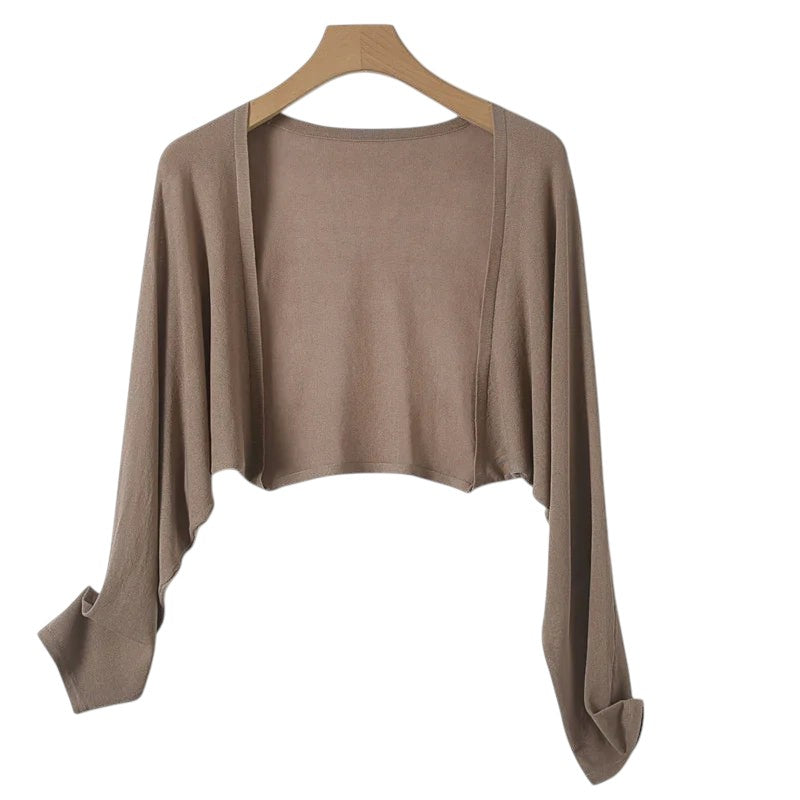 COMFORT beige knitted ice silk cover up cardigan with long sleeves and open front.