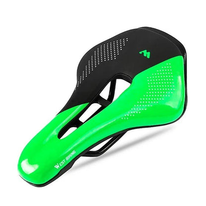 COMFORT bicycle saddle with a dual-tone design in bright green and black, featuring a central channel and textured grip dots.