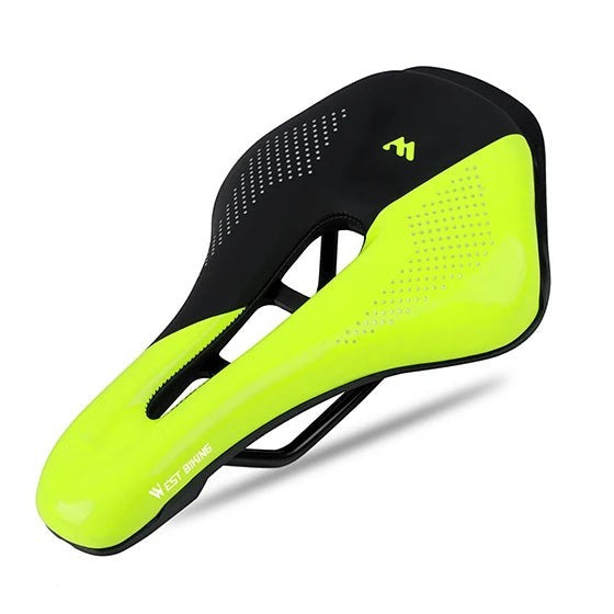COMFORTH bicycle saddle in black and neon yellow with central channel and textured grip. Ergonomic design for cycling enthusiasts.