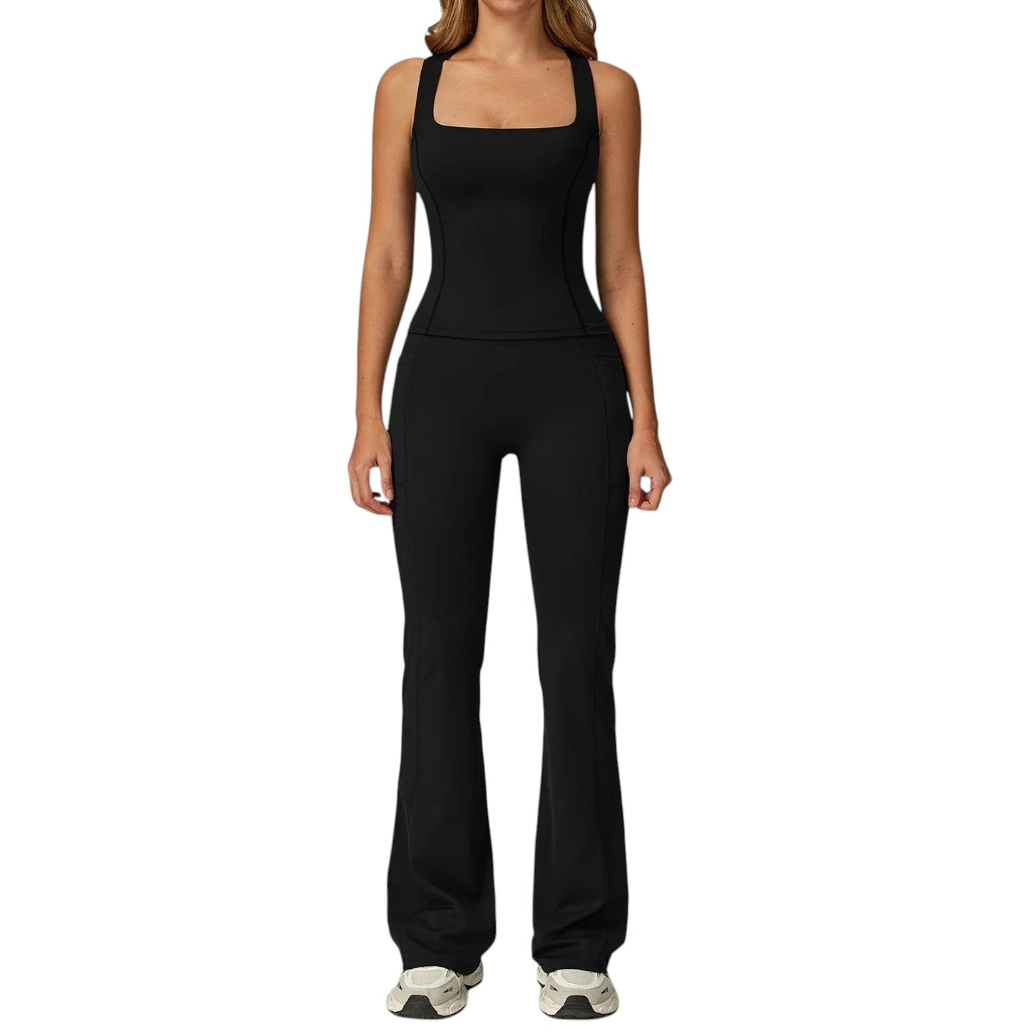 COMFORTH Women's black athletic two-piece set with square neck tank top and flare leggings. Stretchy fabric.