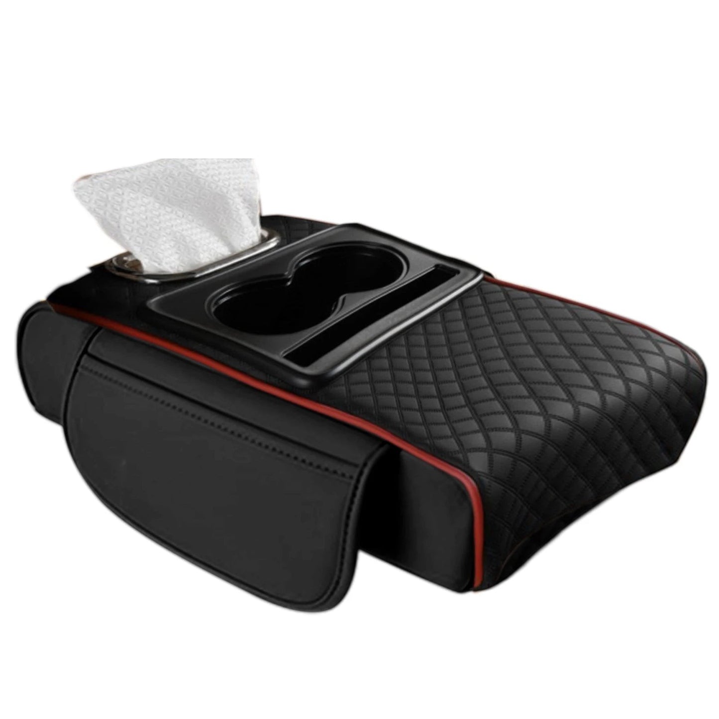 COMFORT black quilted faux leather car center console organizer with two cup holders and tissue box slot.