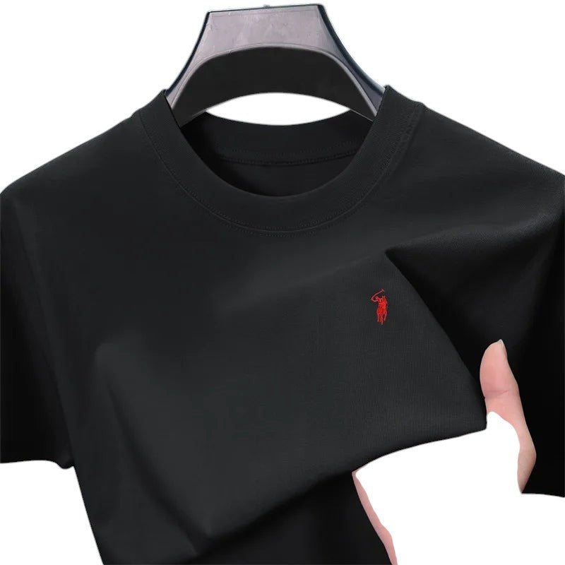 COMFORT black cotton blend crew neck short sleeve t-shirt with red embroidered logo on chest