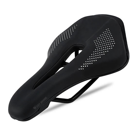 COMFORT black ergonomic bicycle saddle with central channel and textured grip dots for road or mountain biking.
