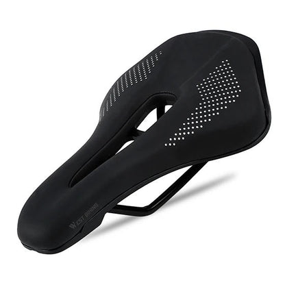 COMFORT black ergonomic bicycle saddle with central channel and textured grip dots for road or mountain biking.