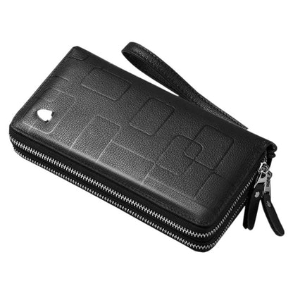 COMFORT black faux leather double zipper wristlet wallet organizer with embossed geometric pattern and detachable strap.