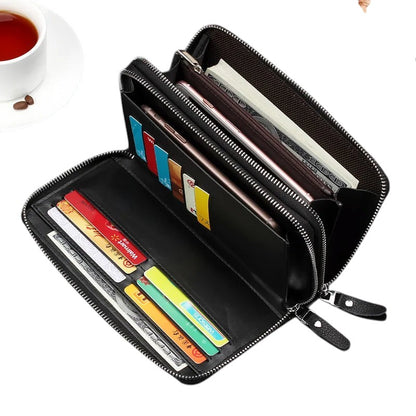COMFORT black faux leather double zipper wristlet wallet organizer with embossed geometric pattern, multiple card slots, and bill compartments.