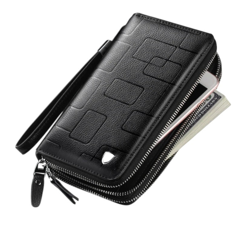 COMFORT black faux leather double zipper wristlet wallet organizer with embossed geometric pattern and detachable strap