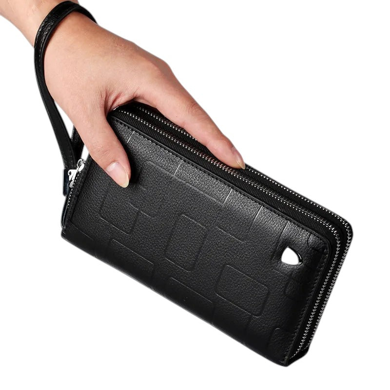 COMFORT black faux leather double zipper wristlet wallet organizer with geometric pattern and detachable strap.