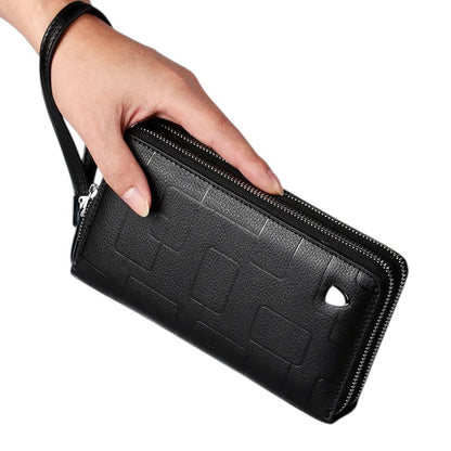 COMFORT black faux leather double zipper wristlet wallet organizer with geometric pattern and detachable strap.