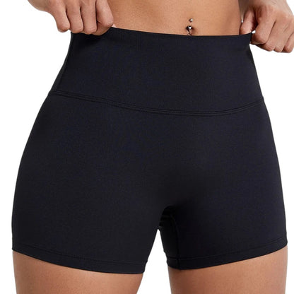 COMFORT black high-waisted athletic shorts for women, seamless, four-way stretch, moisture-wicking fabric.