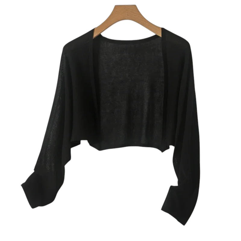 COMFORT black long-sleeve knitted ice silk cover-up cardigan with a loose fit and sun protection.