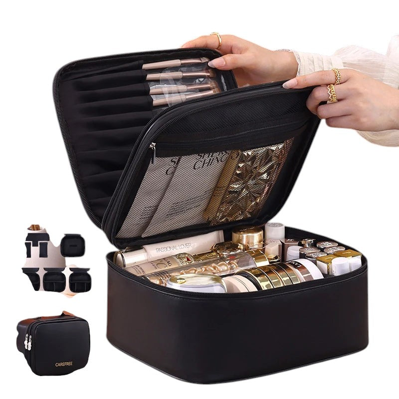 COMFORT black PU leather travel makeup bag organizer with brush holder and mesh pockets, filled with cosmetics.