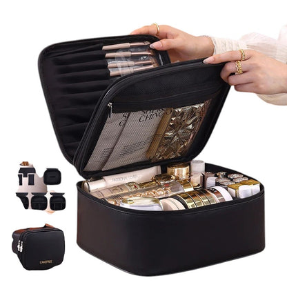 COMFORT black PU leather travel makeup bag organizer with brush holder and mesh pockets, filled with cosmetics.