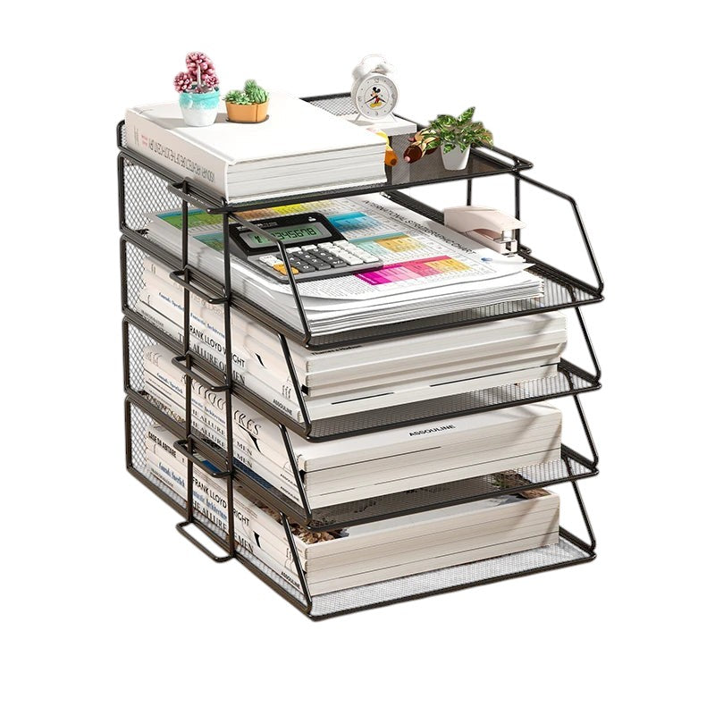 COMFORT black mesh desk organizer with 4 tiers and a side caddy, holding files, books, and office supplies.