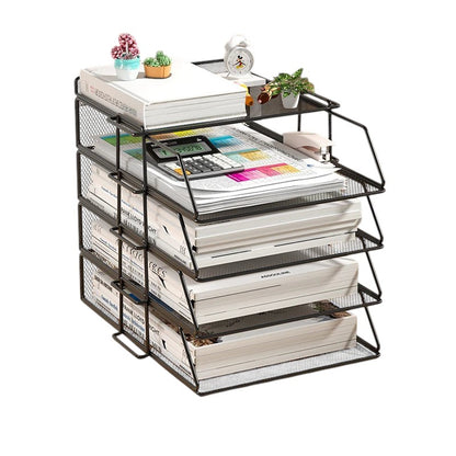 COMFORT black mesh desk organizer with 4 tiers and a side caddy, holding files, books, and office supplies.
