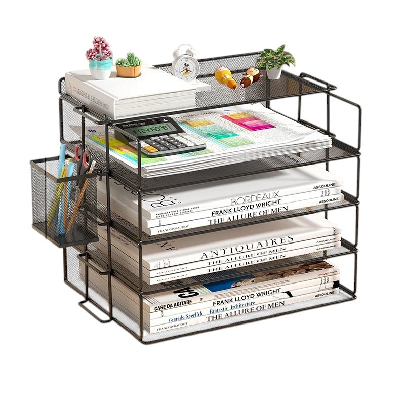 COMFORT black mesh desk organizer with 4 tiers, pen holder, and calculator. Ideal for office supplies and files.