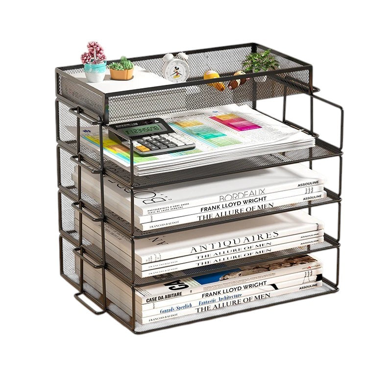 COMFORT black mesh desk organizer with 4 tiers and side caddy, holding files, books, and a calculator.