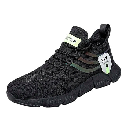 COMFORTH black mesh athletic running sneakers with cushioned sole and reflective accents.