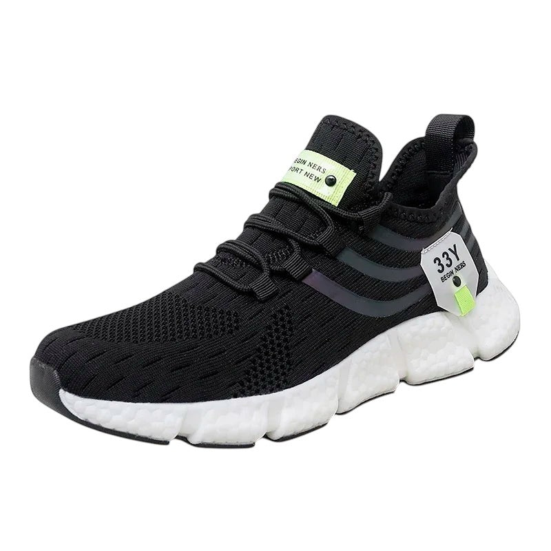 COMFORTH black mesh athletic running sneakers with white cushioned sole and reflective accents.