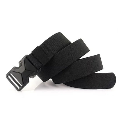 COMFORT black nylon tactical belt with quick-release alloy buckle, adjustable for everyday wear or outdoor adventures.