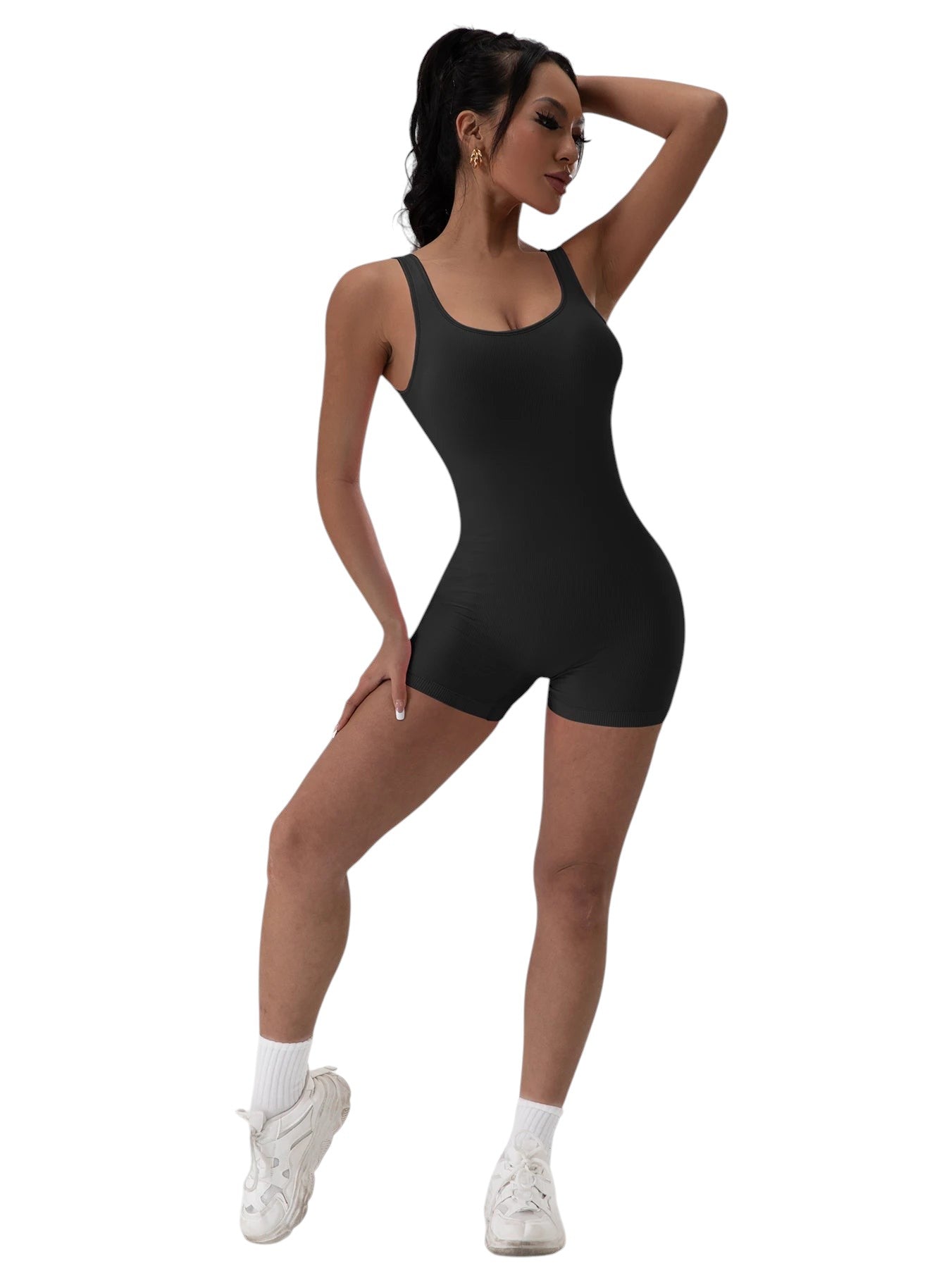 COMFORTH black ribbed athletic bodysuit short with scoop neck and racerback, perfect for workouts.