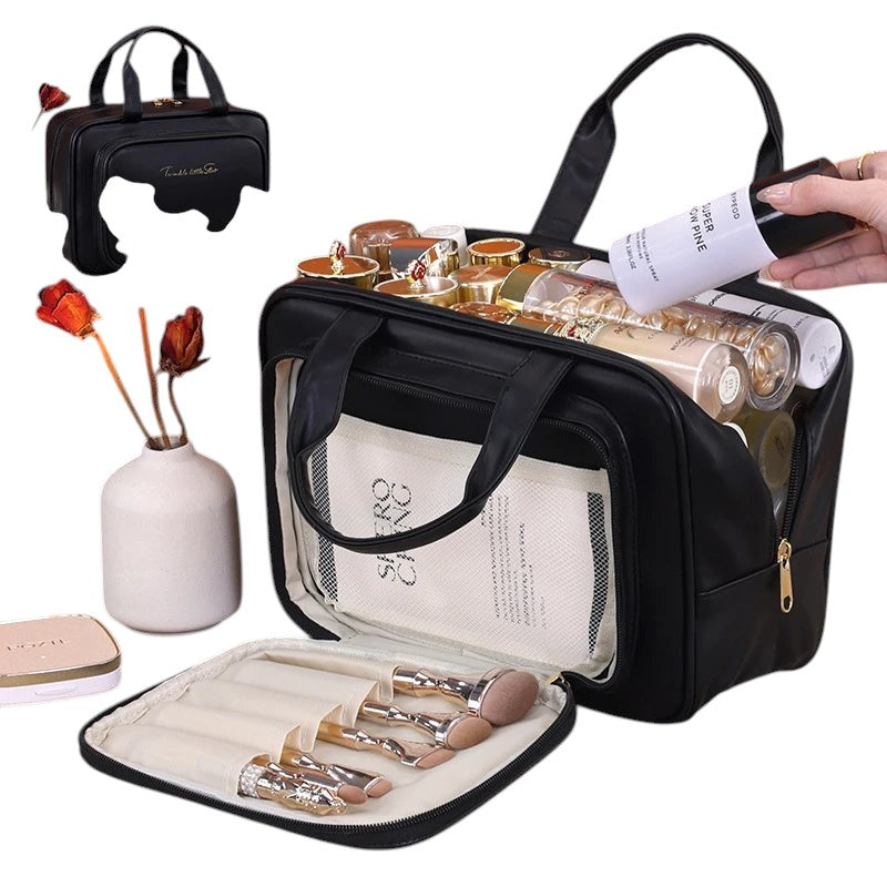 COMFORT black PU leather travel makeup bag organizer with gold zipper and embroidered detail. Features brush holder and mesh dividers.