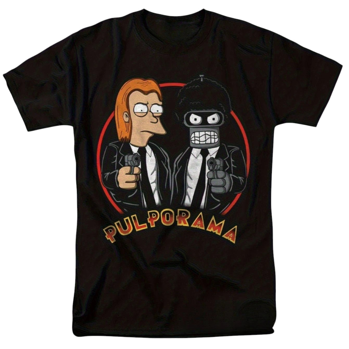 COMFORT black short sleeve t-shirt with Pulp Fiction parody graphic featuring cartoon characters holding guns.