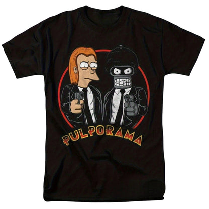 COMFORT black short sleeve t-shirt with Pulp Fiction parody graphic featuring cartoon characters holding guns.