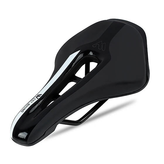 COMFORT black and white ergonomic bicycle saddle with central channel for pressure relief and airflow. Lightweight and durable.