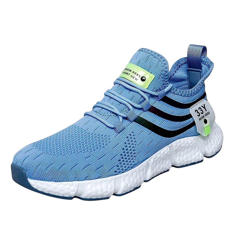 COMFORTH blue mesh athletic running sneakers with white cushioned sole and black stripe accents.