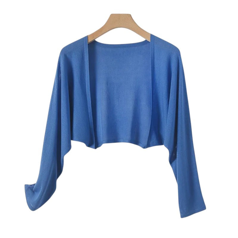 COMFORT blue ice silk knitted long sleeve cropped cardigan for women, sun protection, loose fit