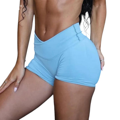 COMFORTH blue seamless V-waist athletic shorts with a flattering fit, perfect for workouts.