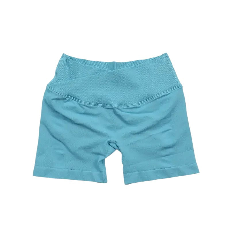 COMFORT blue seamless V-waist athletic shorts with a ribbed waistband and form-fitting design.