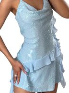 Sequin Ruffle Mini Dress With Cowl Neckline