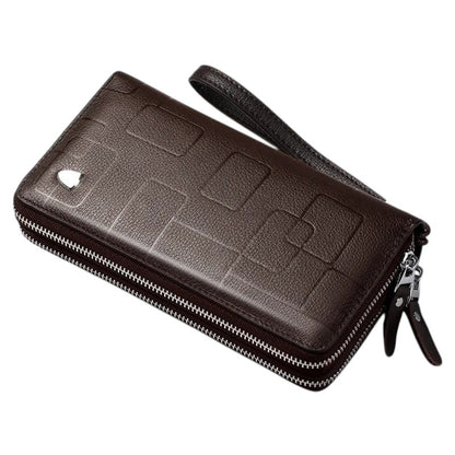 COMFORT brown faux leather double zipper wristlet wallet organizer with geometric pattern and detachable strap