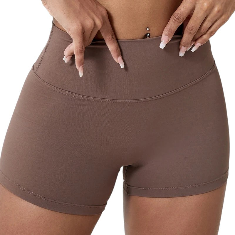 COMFORT brown high-waisted athletic shorts for women, seamless design, tummy control, four-way stretch, moisture-wicking.