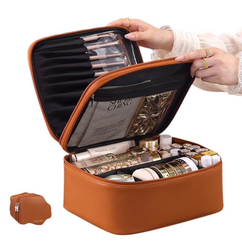 COMFORT large capacity brown PU leather travel makeup bag organizer with brush holder and mesh pockets, gold zipper.