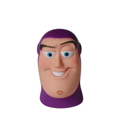 COMFORT Buzz Lightyear finger puppet toy, purple helmet, blue eyes, smiling face, for imaginative play.