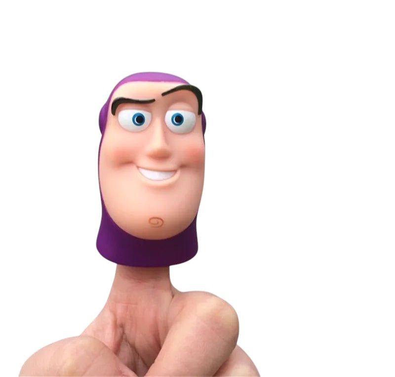 COMFORT Buzz Lightyear finger puppet toy with purple helmet and signature expression, made of durable material.