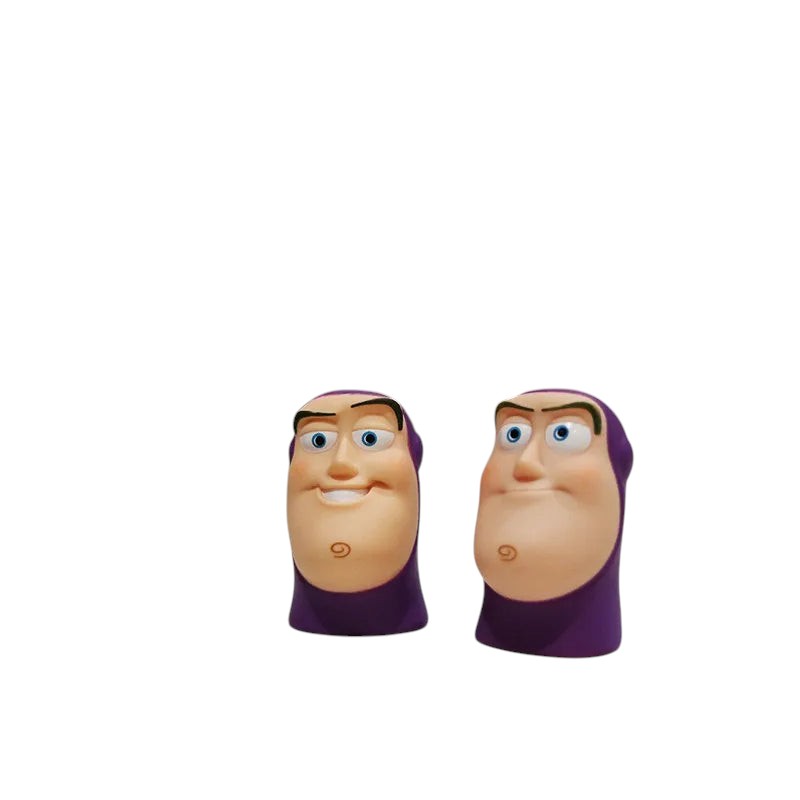 COMFORT Buzz Lightyear finger puppets with purple helmets and blue eyes, perfect for imaginative play.