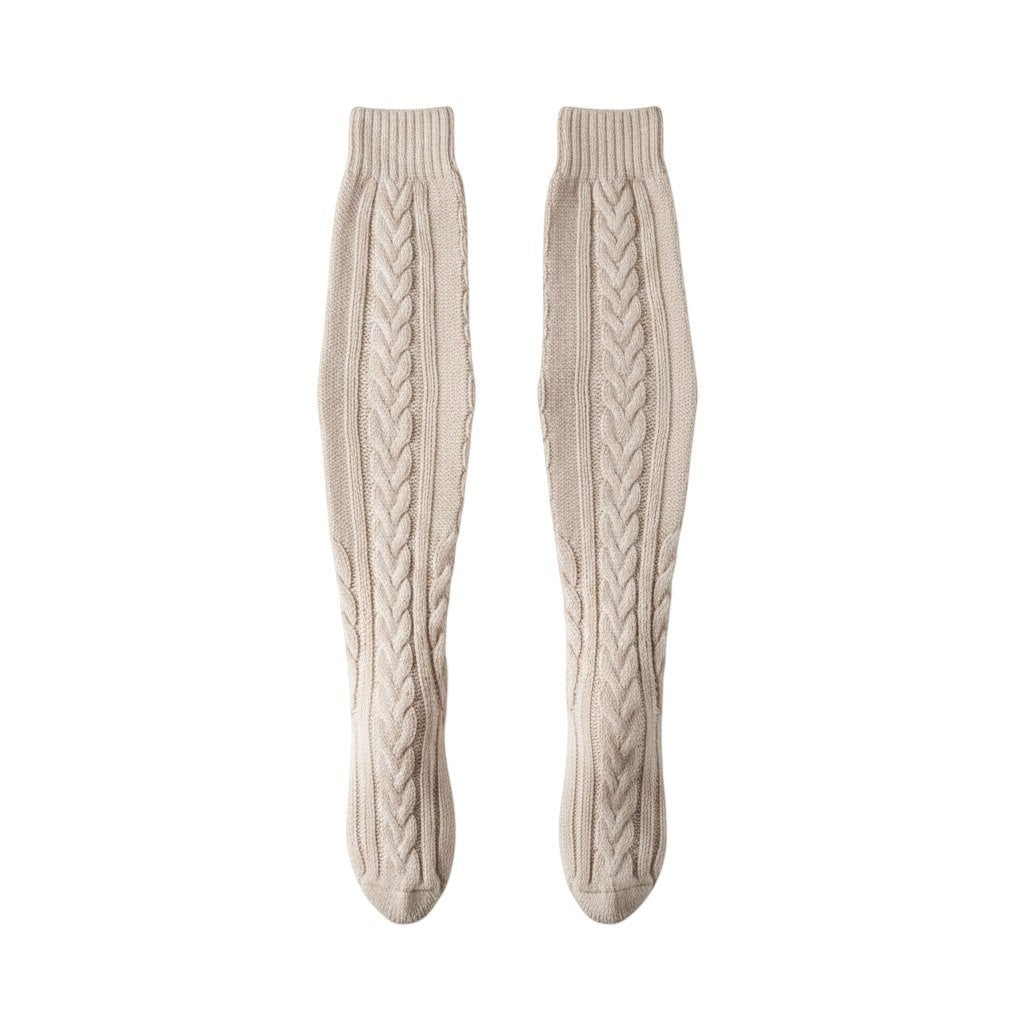 COMFORTH cable knit thigh high socks in creamy beige. Soft, breathable blend with classic cable pattern for warmth and style.
