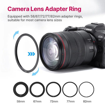 COMFORTH camera lens adapter rings set with sizes 58mm, 67mm, 72mm, 77mm, 82mm shown next to a Canon camera lens.