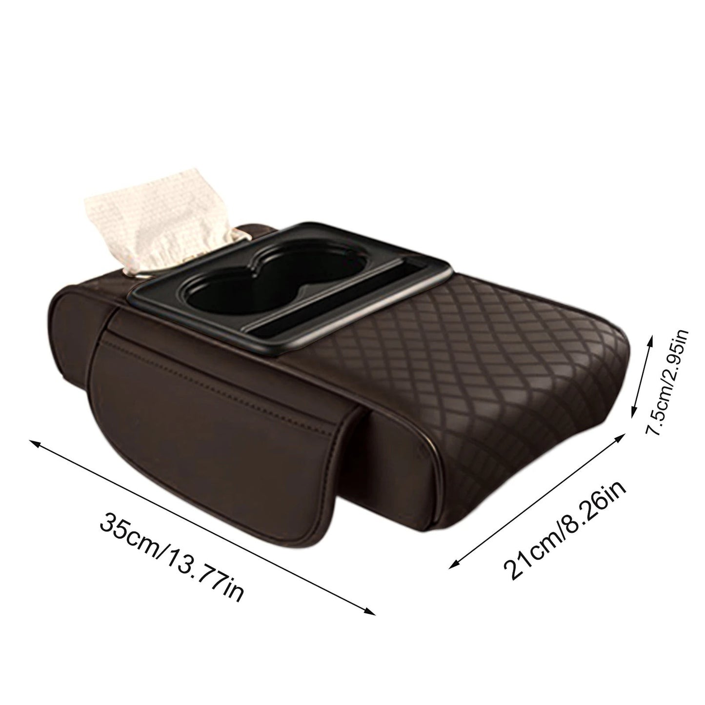 COMFORT brown quilted faux leather car center console organizer with dual cup holders and tissue box slot