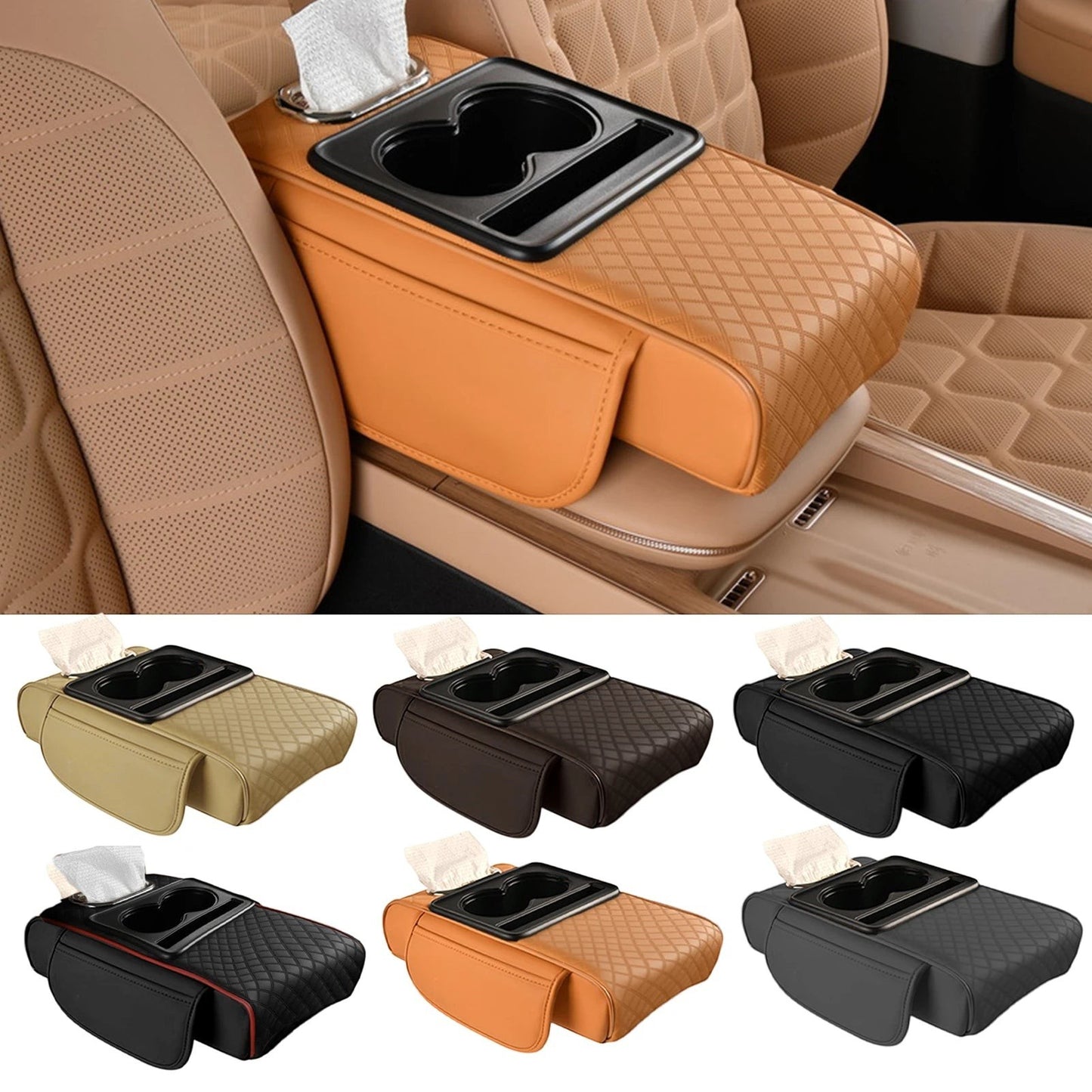 COMFORT quilted faux leather car center console organizer with 2 cup holders and tissue box slot