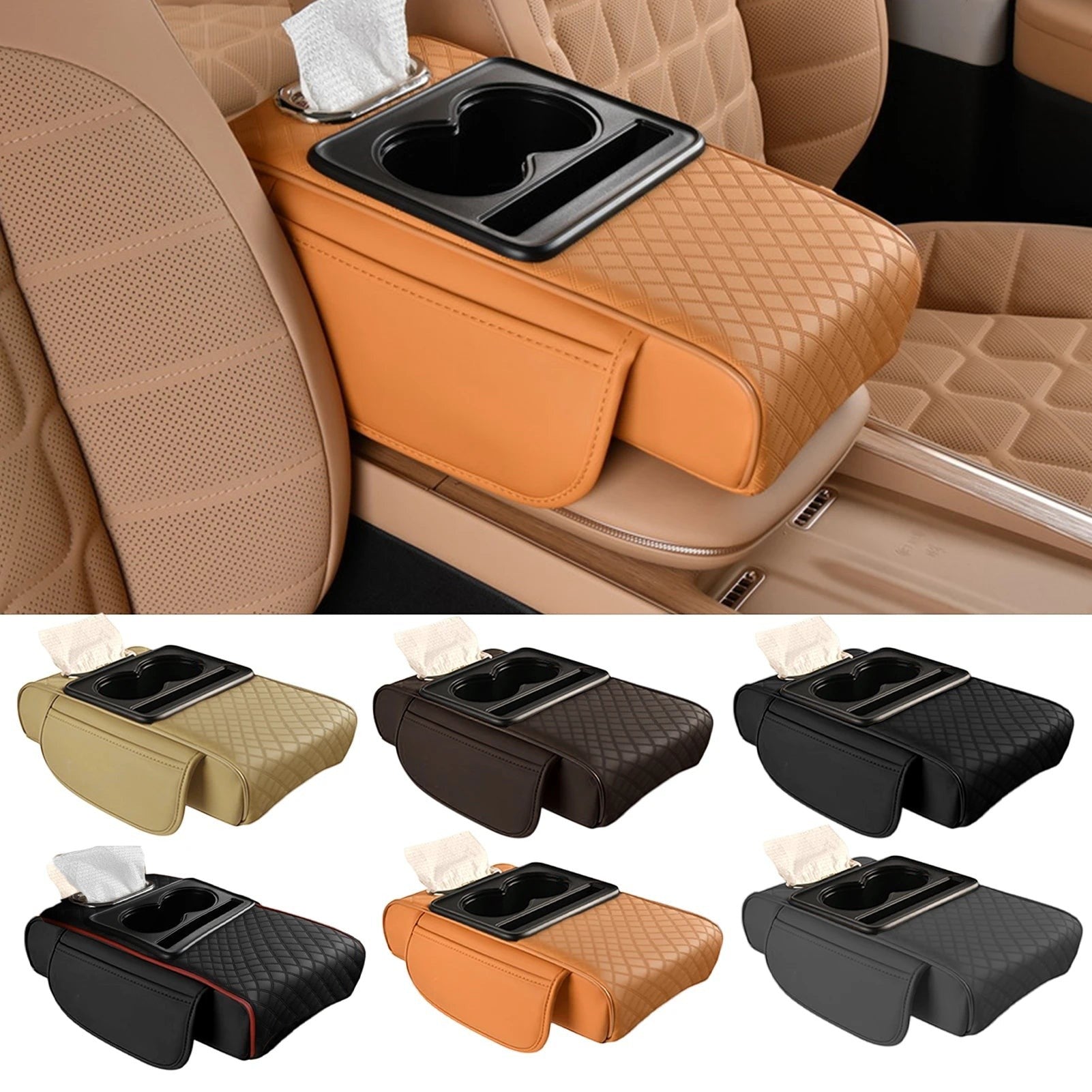 COMFORT quilted faux leather car center console organizer with 2 cup holders and tissue box slot