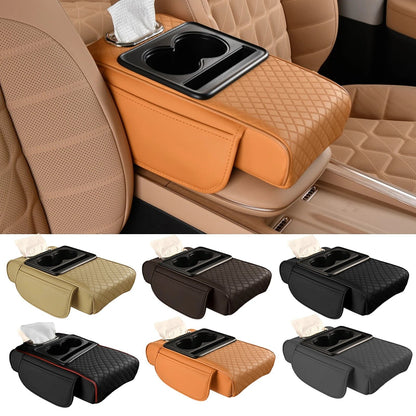 COMFORT quilted faux leather car center console organizer with 2 cup holders and tissue box slot