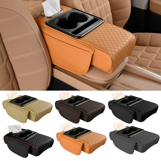 COMFORT quilted faux leather car center console organizer with 2 cup holders and tissue box slot