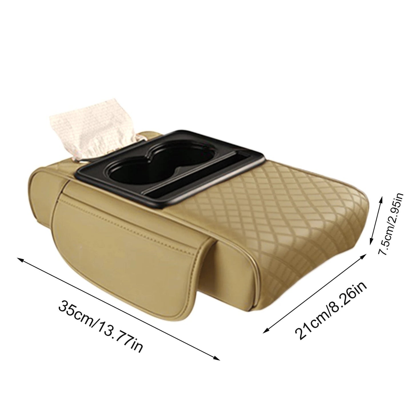 COMFORT beige quilted faux leather car center console organizer with two cup holders and tissue box slot
