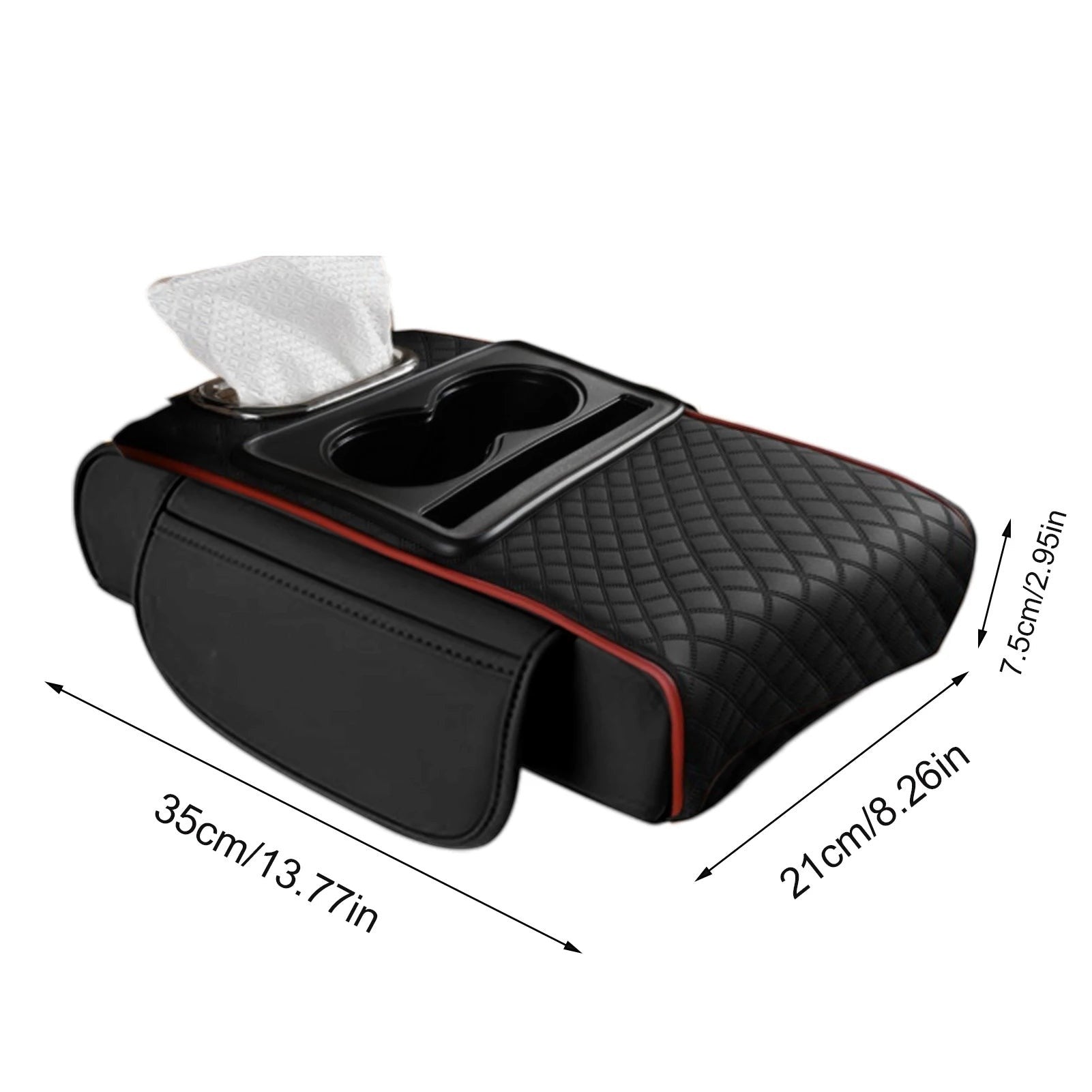 COMFORT black quilted faux leather car center console organizer with 2 cup holders, tissue box slot, and side pockets.